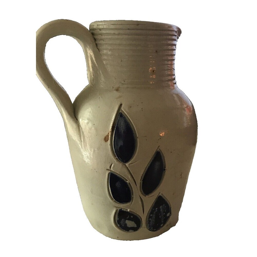 Williamsburg Pottery Small Creamer Pitcher Salt Glazed Cobalt Blue Leaf Design